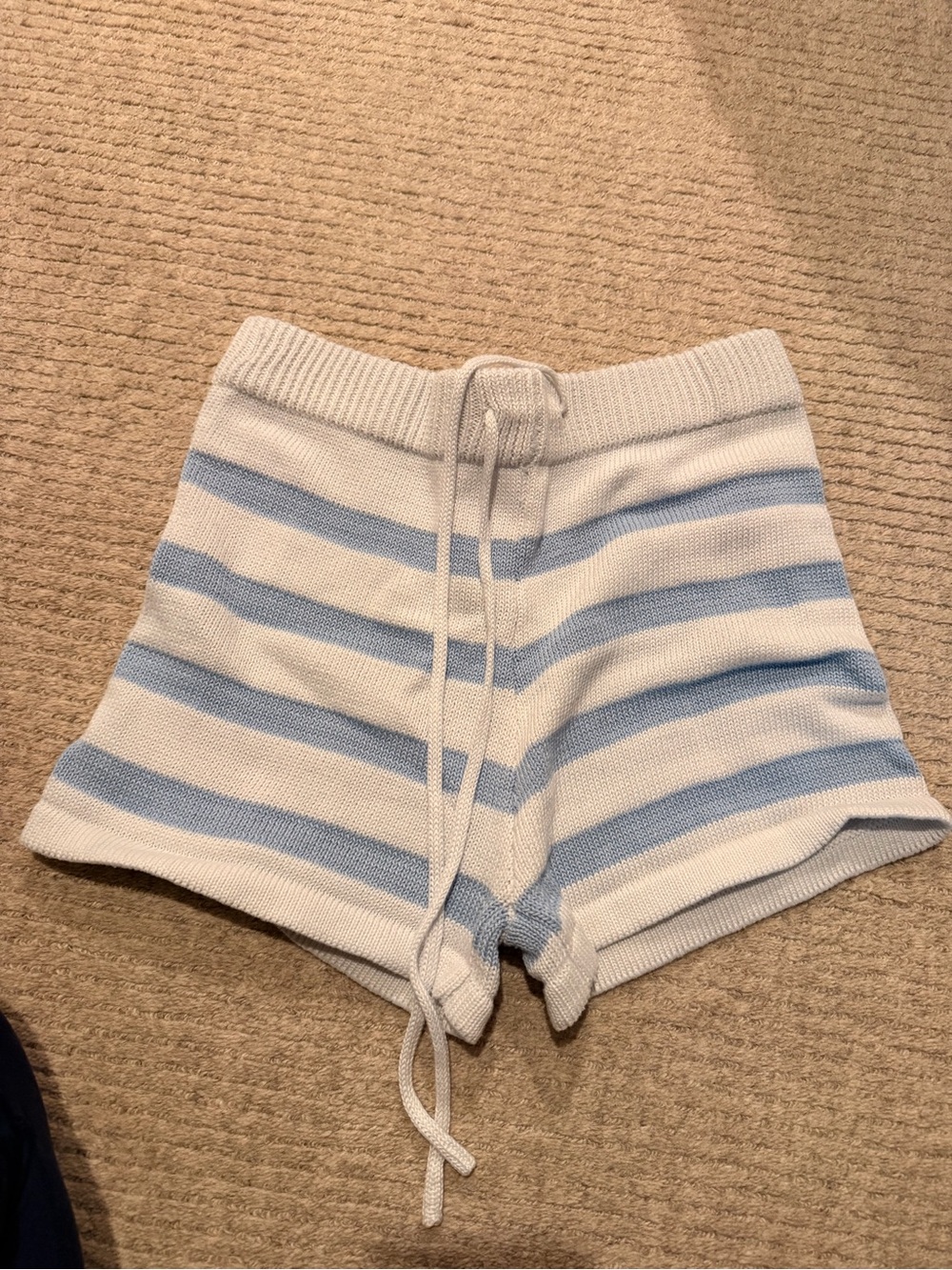 Striped Knit Drawstring Shorts in White and Light Blue